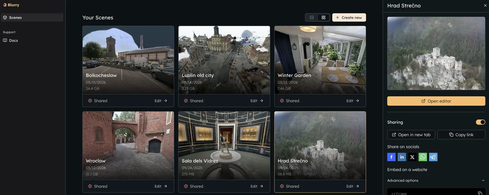 Dashboard with grid view with thumbnails