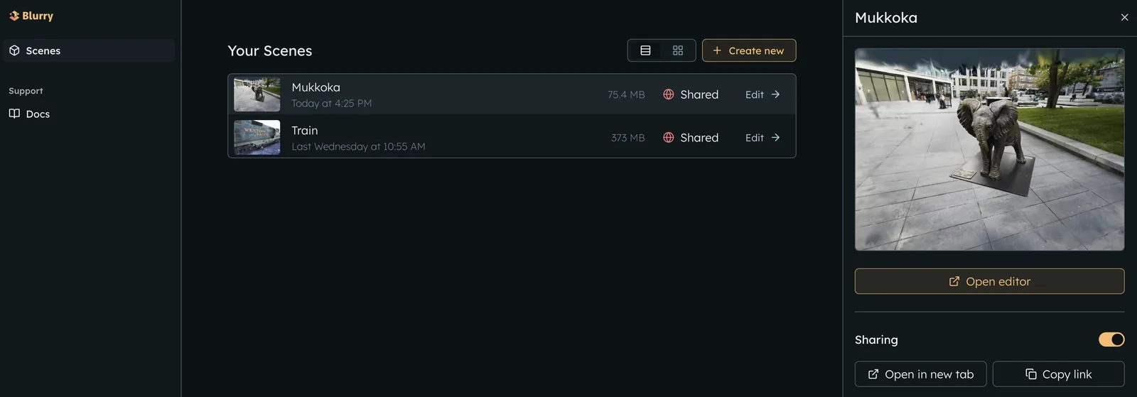 Sharing controls with the sharing toggle and copy link button